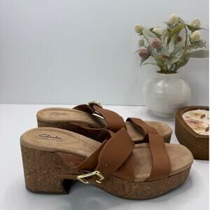 Clarks Nerisa Holly Platform Leather Sandals Tan Women 7.5D Comfort